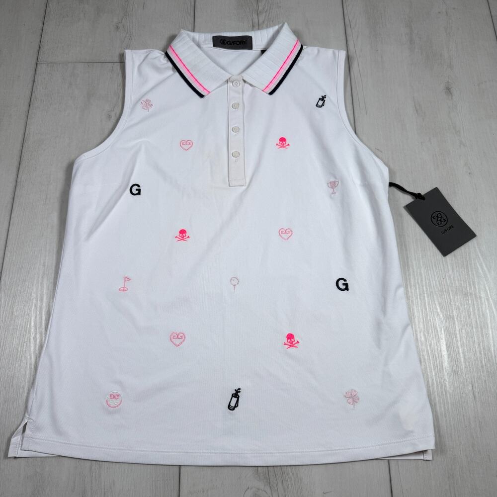 NWT G/FORE Women's Small Embroidered Tech Piqué Sleeveless Polo White Pink